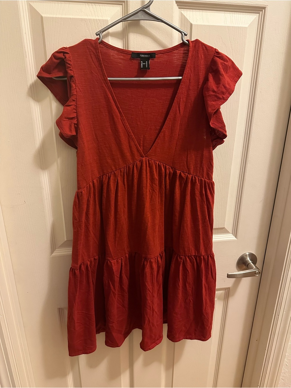 Forever 21 Brick Red V-Neck Ruffle Tiered Mini Dress